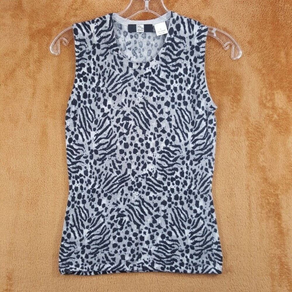 SAKS FIFTH AVENUE Sweater Womens Small Gray Leopard Sleeveless 100% Cashmere